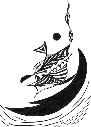 Abstract black ink composition with curved forms, a small circle, and handwriting.