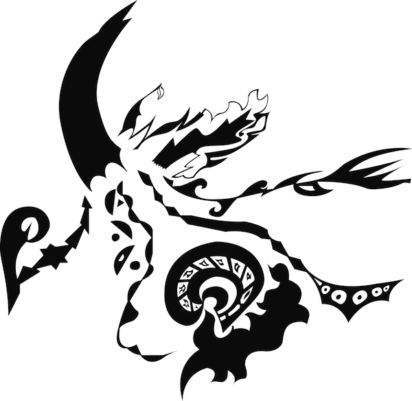 Black and white abstract drawing with pointed and swirling shapes.