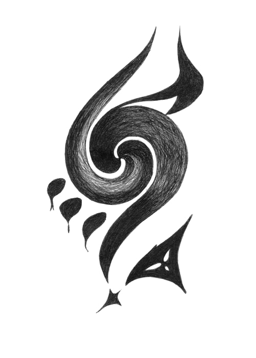 Dark spiral form with a white curved center.