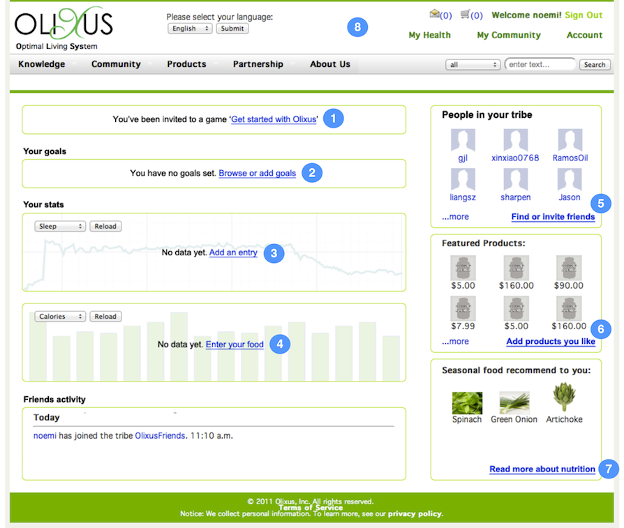 Proposed Olixus interface with numbered guidance and suggestions for new users.