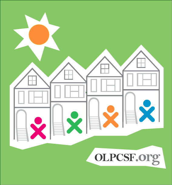 Green summit artwork with San Francisco houses, colorful figures, and a sun.