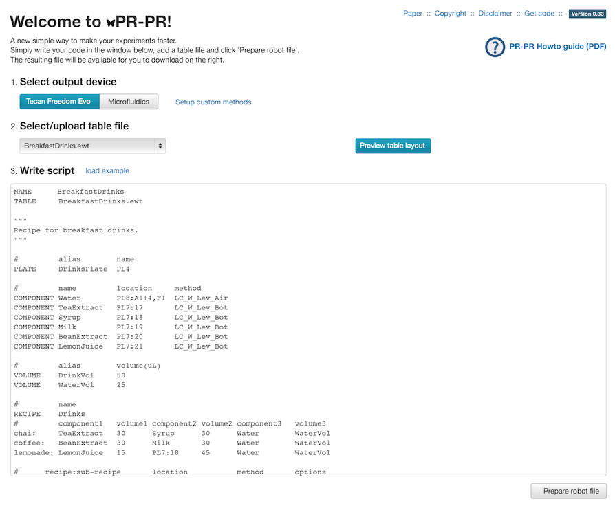 PR-PR interface for entering an experimental protocol and selecting a robot platform.