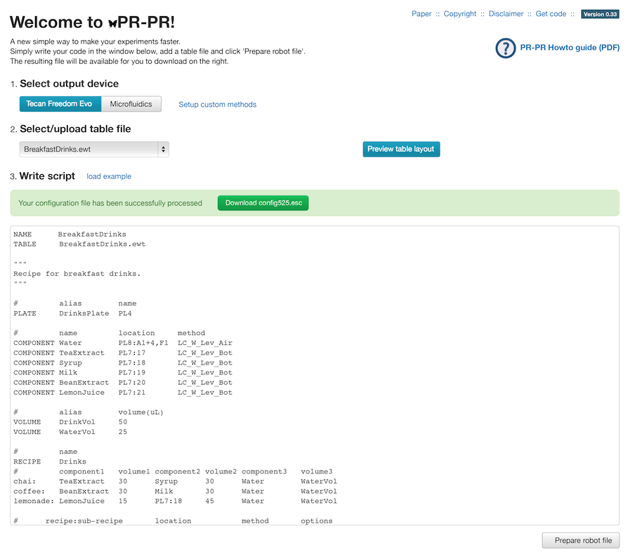 PR-PR interface showing a submitted protocol and its generated output.