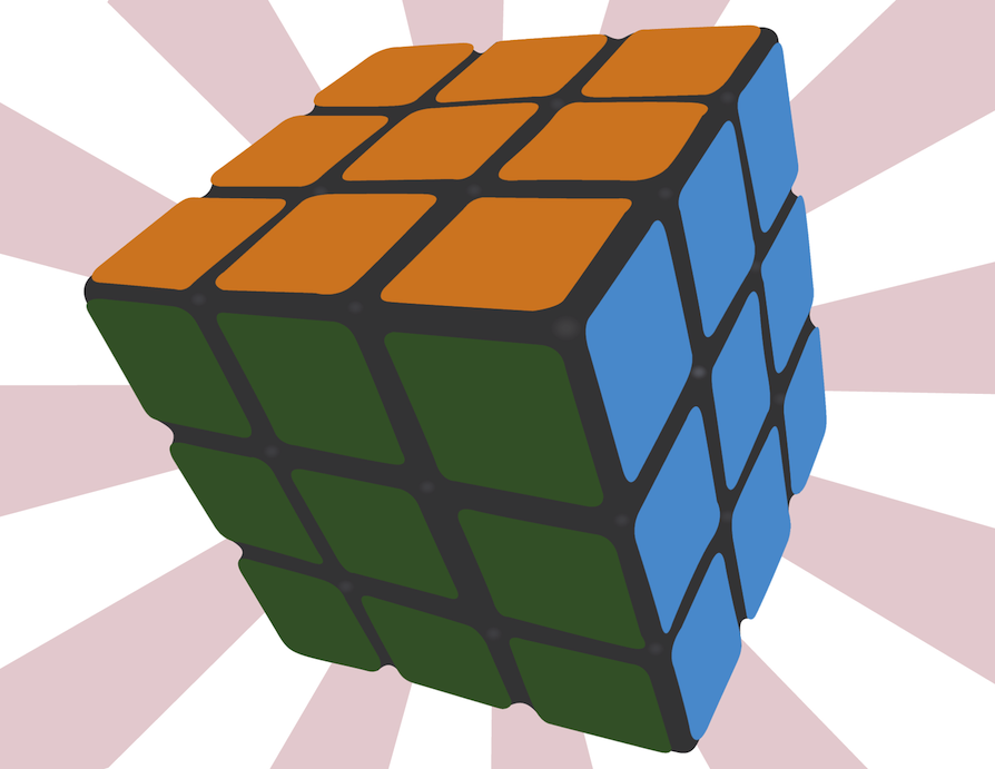 Vector illustration of a tilted Rubik’s Cube on a pink geometric background.