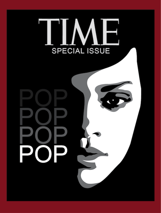 Pop-art-inspired magazine cover with a black and white portrait and red border.