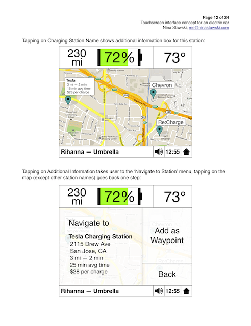 Navigation screen concept with a map, range estimate, and climate controls.