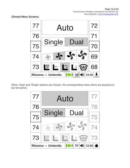 Climate-control interface sketches showing temperature and airflow options.