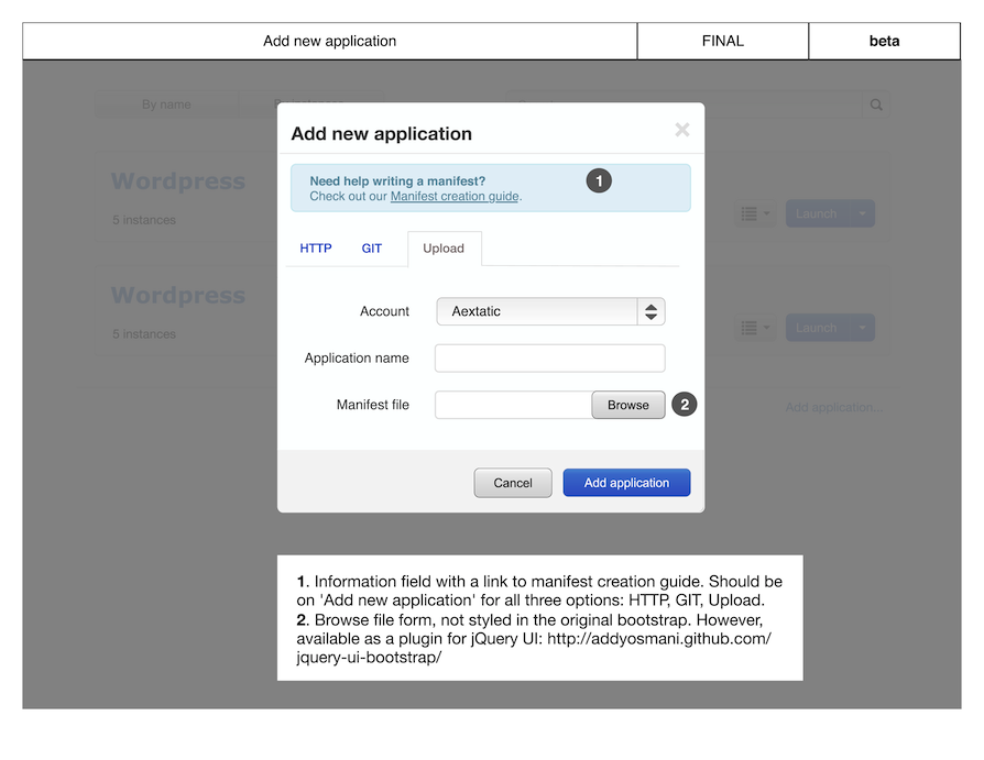 Add new application dialog with annotated interaction details.